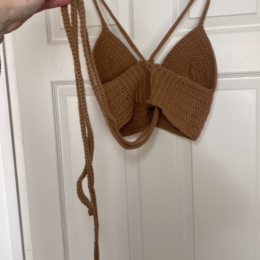 Handmade Crochet Knit Top Small Tan Brown Pink Lace Up Back Festival Boho - Picture 5 of 5
